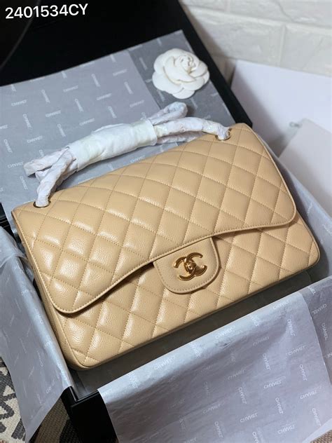 CHANEL Caviar Stitched Shoulder Flap Bag Beige